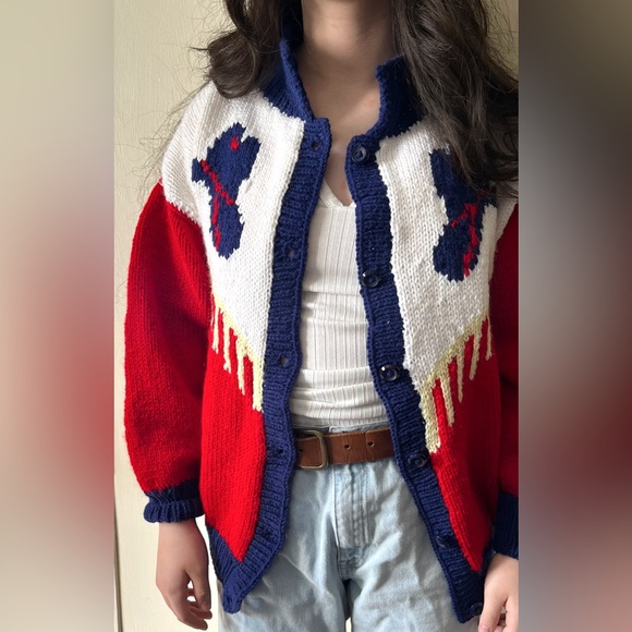 ‼️SOLD‼️ One Of A Kind Knit Handmade Western Cowboy Colour Block‎ Cardigan - Picture 2 of 14